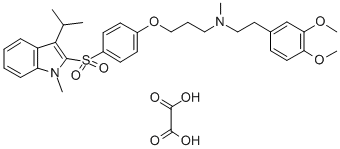 structure of CAS# 121346-32-5, 3,4-Dimethoxy-N-Methyl-N-[3-[4-[[1-Methyl-3-(1-Methylethyl)-1H-Indol-2-Yl]Sulfonyl]Phenoxy]Propyl]-Benzeneethanamine;3,4-DIMETHOXY-N-METHYL-N-[3-[4-[[1-METHYL-3-(1-METHYLETHYL)-1H-INDOL-2-YL]SULFONYL]PHENOXY]PROPYL]BENZENEETHANAMINE OXALATE;3,4-Dimethoxy-N-Methyl-N-[3-[4-[[1-Methyl-3-(1-Methylethyl)-1H-Indol-2-Yl]Sulfonyl]Phenoxy]Propyl]Benzeneethanamine Oxalate;3,4-Dimethoxy-N-Methyl-N-(3-(4-((1-Methyl-3-(1-Methylethyl)-1H-Indol-2-Yl)Sulfonyl)Phenoxy)Propyl)Benzeneethanamineoxal]