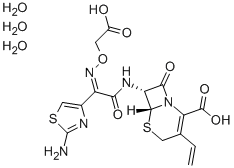 结构式 CAS# 125110-14-7, (6R,7R)-7-[[(2E)-2-(2-氨基-1,3-噻唑-4-基)-2-(羧甲基氧基亚氨基)乙酰基]氨基]-3-乙烯基-8-氧代-5-硫杂-1-氮杂双环[4.2.0]辛-2-烯-2-羧酸三水合物