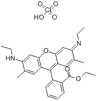 structure of CAS# 13161-28-9, Rhodamine 6G Perchlorate;[9-(2-Ethoxycarbonylphenyl)-6-Ethylamino-2,7-Dimethyl-Xanthen-3-Ylidene]-Ethyl-Ammonium Chloride;[9-(2-Ethoxycarbonylphenyl)-6-Ethylamino-2,7-Dimethyl-3-Xanthenylidene]-Ethylammonium Chloride;[9-(2-Carbethoxyphenyl)-6-Ethylamino-2,7-Dimethyl-Xanthen-3-Ylidene]-Ethyl-Ammonium Chloride