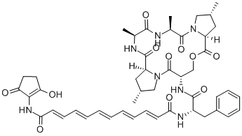 structure of CAS# 139601-96-0, enopeptin A;(2E,4E,6E,8E,10E)-N'-(2-Hydroxy-5-Oxo-1-Cyclopentenyl)-N-[(1S)-2-[[(3S,4'R,9S)-4'-Methyl-1'-[(2S)-2-[[(2S)-2-Methylaminopropanoyl]Amino]Propanoyl]-2,6,8-Trioxo-Spiro[5-Oxa-1-Azabicyclo[7.3.0]Dodecane-7,2'-Pyrrolidine]-3-Yl]Amino]-2-Oxo-1-(Phenylmethyl)Ethyl]Dodeca-2,4,6,8,10-Pentaenediamide;(2E,4E,6E,8E,10E)-N'-(2-Hydroxy-5-Oxo-1-Cyclopentenyl)-N-[(1S)-2-[[(3S,4'R,9S)-4'-Methyl-1'-[(2S)-2-[[(2S)-2-Methylamino-1-Oxopropyl]Amino]-1-Oxopropyl]-2,6,8-Trioxo-3-Spiro[5-Oxa-1-Azabicyclo[7.3.0]Dodecane-7,2'-Pyrrolidine]Yl]Amino]-2-Oxo-1-(Phenylmethyl)Ethyl]Dodeca-2,4,6,8,10-Pentaenediamide;(2E,4E,6E,8E,10E)-N-[(1S)-1-(Benzyl)-2-Keto-2-[[(3S,4'R,9S)-2,6,8-Triketo-4'-Methyl-1'-[(2S)-2-[[(2S)-2-Methylaminopropanoyl]Amino]Propanoyl]Spiro[5-Oxa-1-Azabicyclo[7.3.0]Dodecane-7,2'-Pyrrolidine]-3-Yl]Amino]Ethyl]-N'-(2-Hydroxy-5-Keto-1-Cyclopentenyl)Dodeca-2,4,6,8,10-Pentaenediamide