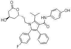 structure of CAS# 163217-70-7, 5-(4-Fluorophenyl)-N-(4-Hydroxyphenyl)-2-(1-Methylethyl)-4-Phenyl-1-[2-[(2R,4R)-Tetrahydro-4-Hydroxy-6-Oxo-2H-Pyran-2-Yl]Ethyl]-1H-Pyrrole-3-Carboxamide;5-(4-Fluorophenyl)-N-(4-Hydroxyphenyl)-2-(1-Methylethyl)-4-Phenyl-1-[2-[(2R,4R)-Tetrahydro-4-Hydroxy-6-Oxo-2H-Pyran-2-Yl]Ethyl]-1H-Pyrrole-3-Carboxamide;5-(4-Fluorophenyl)-1-(2-((2R,4R)-4-Hydroxy-6-Oxotetrahydro-2H-Pyran-2-Yl)Ethyl)-N-(4-Hydroxyphenyl)-2-Isopropyl-4-Phenyl-1H-Pyrrole-3-Carboxamide;P-HYDROXY ATORVASTATIN LACTONE