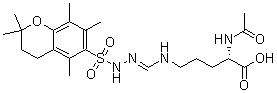 structure of CAS# 163277-77-8, N2-Acetyl-N5-[[[(3,4-Dihydro-2,2,5,7,8-Pentamethyl-2H-1-Benzopyran-6-Yl)Sulfonyl]Amino]Iminomethyl]-L-Ornithine;ACETYL-N-OMEGA-(2,2,5,7,8,-PENTAMETHYLCHROMAN-6-SULFONYL)-L-ARGININE;AC-ARGININE(PMC)-OH;AC-ARG(PMC)-OH