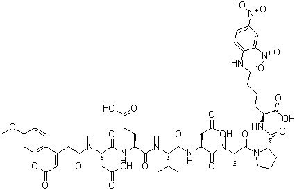 structure of CAS# 189696-20-6, (2S)-6-(2,4-Dinitroanilino)-2-[[(2S)-1-[(2S)-2-[[(2S)-4-Hydroxy-2-[[(2S)-2-[[(2S)-5-Hydroxy-2-[[(2S)-4-Hydroxy-2-[[2-(7-Methoxy-2-Oxo-Chromen-4-Yl)Acetyl]Amino]-4-Oxo-Butanoyl]Amino]-5-Oxo-Pentanoyl]Amino]-3-Methyl-Butanoyl]Amino]-4-Oxo-Butanoyl]Amino]Propanoyl]Pyrrolidine-2-Carbonyl]Amino]Hexanoic Acid;Caspase-3 Substrate (Mca)