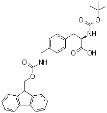 structure of CAS# 215302-77-5, 4-({[(9H-Fluoren-9-Ylmethoxy)Carbonyl]Amino}Methyl)-N-{[(2-Methyl-2-Propanyl)Oxy]Carbonyl}-D-Phenylalanine;(R)-3-(4-<wbr>(((((9H-f<wbr>luoren-9-<wbr>yl)methox<wbr>y)carbony<wbr>l)amino)m<wbr>ethyl)phe<wbr>nyl)-2-((<wbr>tert-buto<wbr>xycarbony<wbr>l)amino)p<wbr>ropanoic <wbr>acid;4-{[(9H-F<wbr>luoren-9-<wbr>ylmethoxy<wbr>carbonyl)<wbr>amino]met<wbr>hyl}-D-ph<wbr>enylalani<wbr>ne, N-BOC<wbr> protected;Boc-4-(Fmoc-aminomethyl)-D-phenylalanine