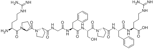 structure of CAS# 58-82-2, Bradykinin;(2S)-2-[[(2S)-2-[[(2S)-1-[(2S)-2-[[(2S)-2-[[2-[[(2S)-1-[(2S)-1-[(2S)-2-Amino-5-Guanidino-Pentanoyl]Pyrrolidine-2-Carbonyl]Pyrrolidine-2-Carbonyl]Amino]Acetyl]Amino]-3-Phenyl-Propanoyl]Amino]-3-Hydroxy-Propanoyl]Pyrrolidine-2-Carbonyl]Amino]-3-Phenyl-Propanoyl]Amino]-5-Guanidino-Pentanoic Acid;(2S)-2-[[(2S)-2-[[[(2S)-1-[(2S)-2-[[(2S)-2-[[2-[[[(2S)-1-[[(2S)-1-[(2S)-2-Amino-5-Guanidino-1-Oxopentyl]-2-Pyrrolidinyl]-Oxomethyl]-2-Pyrrolidinyl]-Oxomethyl]Amino]-1-Oxoethyl]Amino]-1-Oxo-3-Phenylpropyl]Amino]-3-Hydroxy-1-Oxopropyl]-2-Pyrrolidinyl]-Oxomethyl]Amino]-1-Oxo-3-Phenylpropyl]Amino]-5-Guanidinopentanoic Acid;(2S)-2-[[(2S)-2-[[(2S)-1-[(2S)-2-[[(2S)-2-[[2-[[(2S)-1-[(2S)-1-[(2S)-2-Amino-5-Guanidino-Pentanoyl]Pyrrolidine-2-Carbonyl]Pyrrolidine-2-Carbonyl]Amino]Acetyl]Amino]-3-Phenyl-Propanoyl]Amino]-3-Hydroxy-Propanoyl]Pyrrolidine-2-Carbonyl]Amino]-3-Phenyl-Propanoyl]Amino]-5-Guanidino-Valeric Acid