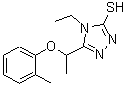 structure of CAS# 588673-87-4, 4-Ethyl-5-[1-(2-Methylphenoxy)Ethyl]-4H-1,2,4-Triazole-3-Thiol;4-ethyl-5-[(2-methylphenoxy)ethyl]-1,2,4-triazole-3-thiol;4-Ethyl-5<wbr>-[1-(2-me<wbr>thylpheno<wbr>xy)ethyl]<wbr>-4H-1,2,4<wbr>-triazole<wbr>-3-thiol;MFCD03943511