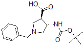 结构式 CAS# 628725-28-0, (3R,4S)-rel-4-[[(1,1-二甲基乙氧基)羰基]氨基]-1-(苯基甲基)-3-吡咯烷羧酸