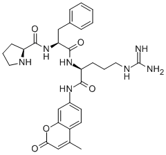 structure of CAS# 65147-21-9, H-Pro-Phe-Arg-Amc Acetate Salt;(2S)-N-[(1S)-2-[[(2S)-5-Guanidino-2-[(4-Methyl-2-Oxo-Chromen-7-Yl)Amino]Pentanoyl]Amino]-2-Oxo-1-(Phenylmethyl)Ethyl]Pyrrolidine-2-Carboxamide;(2S)-N-[(1S)-2-[[(2S)-5-Guanidino-2-[(4-Methyl-2-Oxo-7-Chromenyl)Amino]-1-Oxopentyl]Amino]-2-Oxo-1-(Phenylmethyl)Ethyl]-2-Pyrrolidinecarboxamide;(2S)-N-[(1S)-1-(Benzyl)-2-[[(2S)-5-Guanidino-2-[(2-Keto-4-Methyl-Chromen-7-Yl)Amino]Pentanoyl]Amino]-2-Keto-Ethyl]Pyrrolidine-2-Carboxamide
