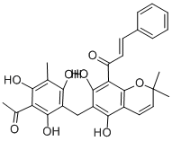 structure of CAS# 82-08-6, Rottlerin;(E)-1-[6-[(3-Acetyl-2,4,6-Trihydroxy-5-Methylphenyl)Methyl]-5,7-Dihydroxy-2,2-Dimethylchromen-8-Yl]-3-Phenylprop-2-En-1-One;(E)-1-[6-[(3-Acetyl-2,4,6-Trihydroxy-5-Methyl-Phenyl)Methyl]-5,7-Dihydroxy-2,2-Dimethyl-Chromen-8-Yl]-3-Phenyl-Prop-2-En-1-One;1-[6-[(3-Acetyl-2,4,6-Trihydroxy-5-Methyl-Phenyl)Methyl]-5,7-Dihydroxy-2,2-Dimethyl-Chromen-8-Yl]-3-Phenyl-Prop-2-En-1-One