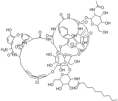 structure of CAS# 91032-36-9, Teicoplanin A2-3;Teicoplanin A(Sub 2-3);(3S,15R,18R,34R,35S,38S,48R,50Ar)-34-((2-Acetamido-2-Deoxy-Beta-D-Glucopyranosyl)Oxy)-15-Amino-22,31-Dichloro-56-((2-Decanamido-2-Deoxy-Beta-D-Glucopyranosyl)Oxy)-2,3,16,17,18,19,35,36,37,38,48,49,50,50A-Tetradecahydro-6,11,40,44-Te