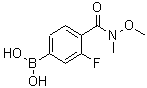 structure of CAS# 913835-59-3, {3-Fluoro-4-[methoxy(methyl)carbamoyl]phenyl}boronic acid;(3-fluoro-4-(methoxy(methyl)carbamoyl)phenyl)boronic acid;3-Fluoro-4-(N-methoxy-N-methylcarbamoyl)benzeneboronic acid;3-Fluoro-<wbr>4-(N-meth<wbr>oxy-N-met<wbr>hylcarbam<wbr>oyl)benze<wbr>neboronic<wbr> acid 98%