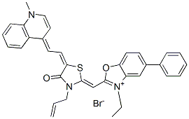 CAS#: 97552-56-2， 2-[[3-Allyl-5-[(1-Methyl-1H-Quinolin-4-Ylidene)Ethylidene]-4-Oxothiazolidin-2-Ylidene]Methyl]-3-Ethyl-5-Phenylbenzoxazolium Bromide