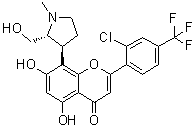 structure of CAS# 1000023-04-0, Voruciclib;2-[2-Chloro-4-(trifluoromethyl)phenyl]-5,7-dihydroxy-8-[(2R,3S)-2-(hydroxymethyl)-1-methyl-3-pyrrolidinyl]-4H-1-benzopyran-4-one