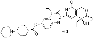 structure of CAS# 100286-90-6, Irinotecan hydrochloride;(S)-[1,4'-Bipiperidine]-1'-carboxylic acid, 4,11-diethyl-3,4,12,14-tetrahydro-4-hydroxy-3,14-dioxo-1H-pyrano[3',4':6,7]indolizino[1,2-b]quinolin-9-yl ester hydrochloride
