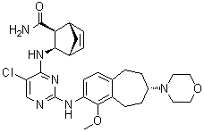 structure of CAS# 1022958-60-6, CEP 28122;(1S,2S,3R,4R)-3-[[5-Chloro-2-[[(7S)-6,7,8,9-tetrahydro-1-methoxy-7-(4-morpholinyl)-5H-benzocyclohepten-2-yl]amino]-4-pyrimidinyl]amino]-bicyclo[2.2.1]hept-5-ene-2-carboxamide