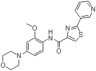 structure of CAS# 1042672-97-8, IRAK inhibitor 6;N-[2-Methoxy-4-(4-morpholinyl)phenyl]-2-(3-pyridinyl)-4-thiazolecarboxamide