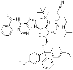 structure of CAS# 104992-55-4, N-Benzoyl-5'-O-(4,4-Dimethoxytrityl)-2'-O-[(tert-butyl)dimethylsilyl]adenosine-3'-(2-cyanoethyl-N,N-diisopropyl)phosphoramidite;5'-O-DMT-2'-TBDMS-rA(N-Bz)-3'-CEDPA