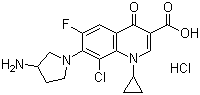 结构式 CAS# 105956-99-8, 盐酸克林沙星; 7-(3-氨基-1-吡咯烷基)-8-氯-1-环丙基-6-氟-1,4-二氢-4-氧代-3-喹啉羧酸盐酸盐