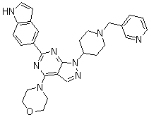 structure of CAS# 1062159-35-6, WAY 600;6-(1H-Indol-5-yl)-4-(4-morpholinyl)-1-[1-(3-pyridinylmethyl)-4-piperidinyl]-1H-pyrazolo[3,4-d]pyrimidine