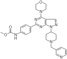 结构式 CAS# 1062161-90-3, WYE-687; N-[4-[4-(4-吗啉基)-1-[1-(3-吡啶甲基)-4-哌啶基]-1H-吡唑并[3,4-d]嘧啶-6-基]苯基]氨基甲酸甲酯