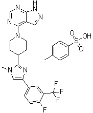 structure of CAS# 1082949-68-5, LY-2584702 Tosylate;4-[4-[4-[4-Fluoro-3-(trifluoromethyl)phenyl]-1-methyl-1H-imidazol-2-yl]-1-piperidinyl]-1H-pyrazolo[3,4-d]pyrimidine 4-methylbenzenesulfonate (1:1)