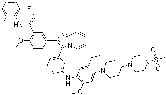 结构式 CAS# 1089283-49-7, GSK 1904529A; GSK 4529; N-(2,6-二氟苯基)-5-[3-[2-[[5-乙基-2-甲氧基-4-[4-[4-(甲基磺酰基)-1-哌嗪基]-1-哌啶基]苯基]氨基]-4-嘧啶基]咪唑并[1,2-a]吡啶-2-基]-2-甲氧基苯甲酰胺