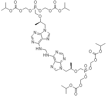 结构式 CAS# 1093279-76-5, 5-[[(1R)-2-[6-[[[[9-[(2R)-2,11-二甲基-5-[[[(1-甲基乙氧基)羰基]氧基]甲氧基]-5-氧代-9-氧代-3,6,8,10-四氧杂-5-磷杂十二碳-1-基]-9H-嘌呤-6-基]氨基]甲基]氨基]-9H-嘌呤-9-基]-1-甲基乙氧基]甲基]-2,4,6,8-四氧杂-5-磷杂壬二酸-双(1-甲基乙基)酯 5-氧化物