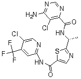 structure of CAS# 1096708-71-2, BIIB-024;6-Amino-5-chloro-N-[(1R)-1-[5-[[[5-chloro-4-(trifluoromethyl)-2-pyridinyl]amino]carbonyl]-2-thiazolyl]ethyl]-4-pyrimidinecarboxamide