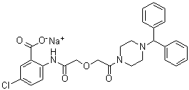 structure of CAS# 1103926-82-4, 2-[2-[2-(4-Benzhydrylpiperazin-1-yl)-2-oxoethoxy]acetamido]-5-chlorobenzoic acid sodium salt;TM 5275