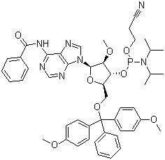 structure of CAS# 110782-31-5, N-Benzoyl-5'-O-(4,4-dimethoxytrityl)-2'-O-methyladenosine-3'-(2-cyanoethyl-N,N-diisopropyl)phosphoramidite;5'-O-DMT-2'-O-Me-rA(N-Bz)-3'-CEDPA