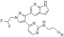 structure of CAS# 1111636-35-1, 3-[[4-[1-(2,2-Difluoroethyl)-3-(1H-pyrrolo[2,3-b]pyridin-5-yl)-1H-pyrazol-4-yl]-2-pyrimidinyl]amino]-propanenitrile