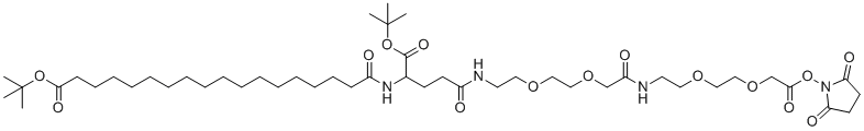 structure of CAS# 1118767-15-9, Bis(2-methyl-2-propanyl) 1-[(2,5-dioxo-1-pyrrolidinyl)oxy]-1,10,19,24-tetraoxo-3,6,12,15-tetraoxa-9,18,23-triazatetracontane-22,40-dicarboxylate;Octa(OtBu)-Glu(AEEA-AEEA-OSu)-OtBu;tert-butyl 18-[[5-[2-[2-[2-[2-[2-[2-(2,5-dioxopyrrolidin-1-yl)oxy-2-oxoethoxy]ethoxy]ethylamino]-2-oxoethoxy]ethoxy]ethylamino]-1-[(2-methylpropan-2-yl)oxy]-1,5-dioxopentan-2-yl]amino]-18-oxooctadecanoate