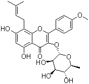 structure of CAS# 113558-15-9, Baohuoside I;Baohuside I; Icariin II; Icariside II; 3-[(6-Deoxy-alpha-L-mannopyranosyl)oxy]-5,7-dihydroxy-2-(4-methoxyphenyl)-8-(3-methyl-2-buten-1-yl)-4H-1-benzopyran-4-one