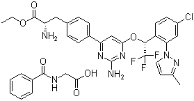 structure of CAS# 1137608-69-5, LX 1606 hippurate;Telotristat etiprate; 4-[2-Amino-6-[(1R)-1-[4-chloro-2-(3-methyl-1H-pyrazol-1-yl)phenyl]-2,2,2-trifluoroethoxy]-4-pyrimidinyl]-L-phenylalanine ethyl ester N-benzoylglycine salt