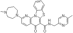 structure of CAS# 1138549-36-6, 2-(Hexahydro-4-methyl-1H-1,4-diazepin-1-yl)-N-[(5-methyl-2-pyrazinyl)methyl]-5-oxo-5H-benzothiazolo[3,2-a][1,8]naphthyridine-6-carboxamide