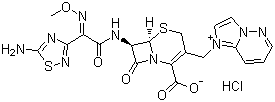 结构式 CAS# 113981-44-5, 盐酸头孢唑兰; 1-[[(6R,7R)-7-[(Z)-2-(5-氨基-1,2,4-噻二唑-3-基)-2-甲氧亚氨基乙酰胺基]-2-羧基-8-氧代-5-硫杂-1-氮杂双环[4.2.0]辛-2-烯-3-基]甲基]咪唑并[1,2-b]哒嗪鎓内盐盐酸盐