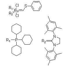 structure of CAS# 1155422-69-7, [1,3-Bis(2,4,6-trimethylphenyl)-2-imidazolidinylidene]dichloro[(phenylthio)methylene](tricyclohexylphosphine)ruthenium
