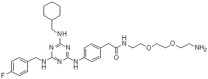 structure of CAS# 1177827-73-4, N-[2-[2-(2-Aminoethoxy)ethoxy]ethyl]-4-[[4-[(cyclohexylmethyl)amino]-6-[[(4-fluorophenyl)methyl]amino]-1,3,5-triazin-2-yl]amino]benzeneacetamide