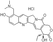 structure of CAS# 119413-54-6, Topotecan hydrochloride;(S)-10-[(Dimethylamino)methyl]-4-ethyl-4,9-dihydroxy-1H-pyrano[3',4':6,7]indolizino[1,2-b]quinoline-3,14(4H,12H)-dione monohydrochloride; Nogitecan hydrochloride; Hycamtin
