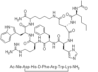 structure of CAS# 121062-08-6, Melanotan II;N-Acetyl-L-norleucyl-L-alpha-aspartyl-L-histidyl-D-phenylalanyl-L-arginyl-L-tryptophyl-L-lysinamide (2->7)-lactam; Ac-Nle-Asp-His-D-Phe-Arg-Trp-Lys-NH2; Ac-[Nle4,Asp5,D-Phe7,Lys10]alpha-MSH-(4-10)-NH2