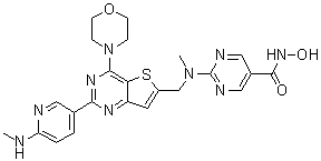 结构式 CAS# 1235449-52-1, N-羟基-2-[[[2-[6-(甲基氨基)吡啶-3-基]-4-(吗啉-4-基)噻吩并[3,2-d]嘧啶-6-基]甲基][甲基]氨基]嘧啶-5-甲酰胺