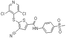 结构式 CAS# 1247825-37-1, 4-氰基-5-[(3,5-二氯-4-吡啶基)硫基]-N-[4-(甲基磺酰基)苯基]-2-噻吩甲酰胺