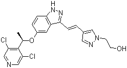 structure of CAS# 1254473-64-7, 4-[(1E)-2-[5-[(1R)-1-(3,5-Dichloro-4-pyridinyl)ethoxy]-1H-indazol-3-yl]ethenyl]-1H-pyrazole-1-ethanol