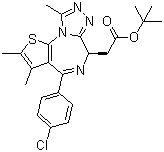 结构式 CAS# 1268524-71-5, (-)-JQ-1; (R)-(-)2-(4-(4-氯苯基)-2,3,9-三甲基-6H-噻吩并[3,2-f][1,2,4]三唑并[4,3-a][1,4]二氮杂环庚烷-6-基)乙酸叔丁酯