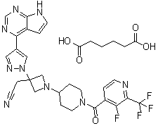 结构式 CAS# 1334302-63-4, 1-[1-[[3-氟-2-(三氟甲基)-4-吡啶基]羰基]-4-哌啶基]-3-[4-(7H-吡咯并[2,3-d]嘧啶-4-基)-1H-吡唑-1-基]-3-吖丁啶乙腈己二酸盐