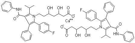 structure of CAS# 134523-03-8, Atorvastatin calcium;Lipitor; [R-(R*, R*)]-7-[2-(4-Fluorophenyl)-5-(1-methylethyl)-3-phenyl-4-(phenylaminocarbonyl)-1H-pyrrol-1-yl]-3,5-dihydroxy-heptanoic acid calcium salt