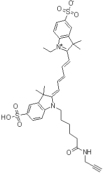 结构式 CAS# 1345823-20-2, 2-[5-[1,3-二氢-3,3-二甲基-1-[6-氧代-6-(2-丙炔-1-基氨基)己基]-5-磺基-2H-吲哚-2-亚基]-1,3-戊二烯-1-基]-1-乙基-3,3-二甲基-5-磺基-3H-吲哚鎓内盐