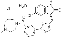 结构式 CAS# 1353858-99-7, (3E)-5-氯-3-[[5-[3-[(六氢-4-甲基-1H-1,4-二氮杂卓-1-基)羰基]苯基]-2-呋喃基]亚甲基]-1,3-二氢-2H-吲哚-2-酮盐酸盐水合物