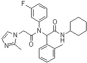 structure of CAS# 1355326-35-0, AGI 5198;N-[2-(Cyclohexylamino)-1-(2-methylphenyl)-2-oxoethyl]-N-(3-fluorophenyl)-2-methyl-1H-imidazole-1-acetamide