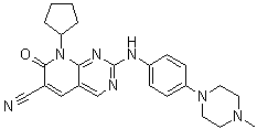 structure of CAS# 1357470-29-1, 8-Cyclopentyl-7,8-dihydro-2-[[4-(4-methyl-1-piperazinyl)phenyl]amino]-7-oxo-pyrido[2,3-d]pyrimidine-6-carbonitrile;ON 123300